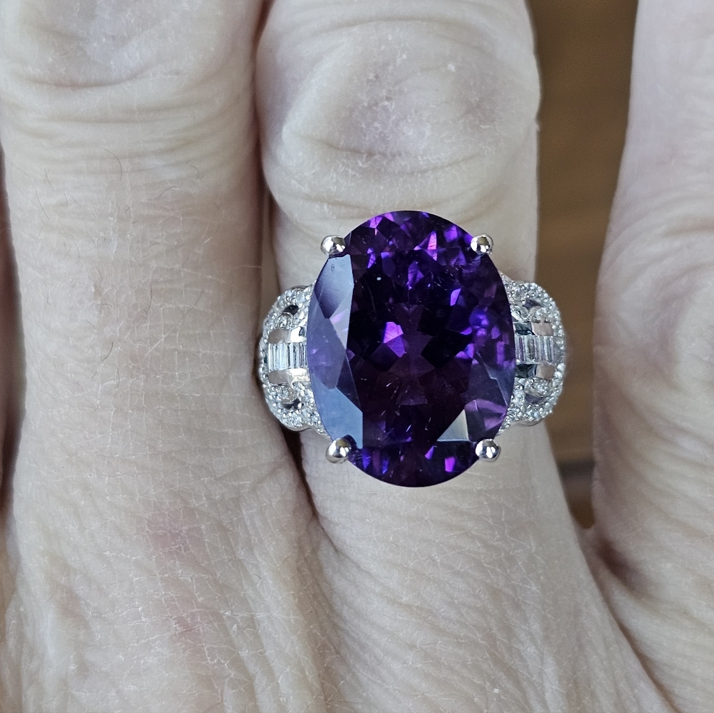 Natural Morrocan Amethyst & White Zircon Ring Sterling Silver Rhodium Sz 7 - Picture 8 of 10